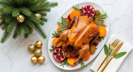Christmas roast turkey with pomegranate and oranges on white marble tableの素材