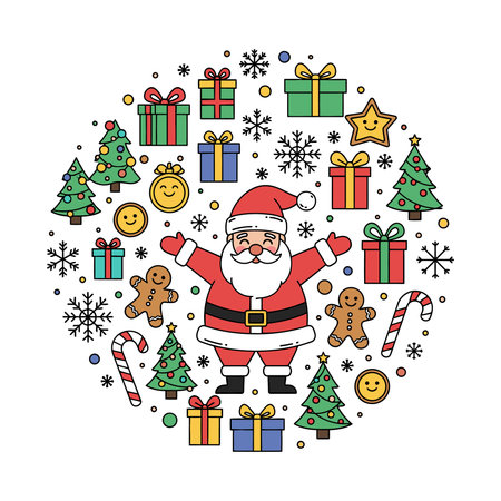 A circular arrangement of Christmas-themed icons including Santa Claus, decorated trees, gift boxes, gingerbread men, candy canes, snowflakes, and smiling face cookies.のイラスト素材