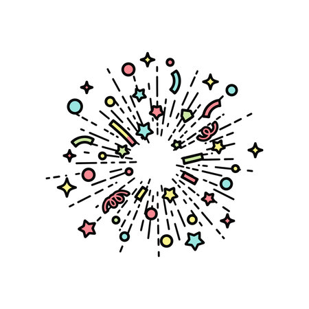 A vibrant burst of celebration featuring colorful stars, confetti, and geometric shapes, radiating outwards with black lines, creating a festive and joyful design.のイラスト素材