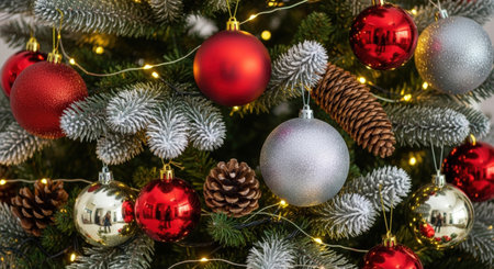 Christmas tree with red and silver ornaments. Christmas background.の素材