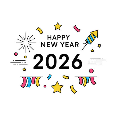 Festive "Happy New Year 2026" graphic with confetti, stars, fireworks, and streamers in a colorful, celebratory design.のイラスト素材