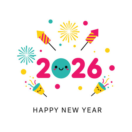 Festive 2026 New Year graphic featuring pink numbers, a teal smiley face, fireworks, and confetti poppers in a colorful, playful design.のイラスト素材