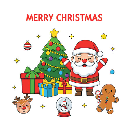 Cartoon Santa Claus with a red suit, white beard, and black boots, waving his hand with a cheerful expression.のイラスト素材