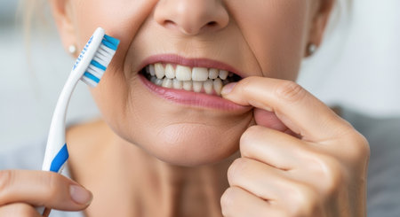 Close-up shot of a mature woman cleaning her teeth with a toothbrush and finger. Focus on dental hygiene, oral care, and the importance of maintaining healthy teeth.の素材