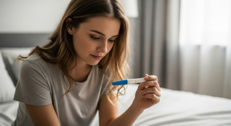 Young woman anxiously awaits the result of a pregnancy test in her bedroom, bathed in soft, natural light. The focus is on her face and the test.の素材