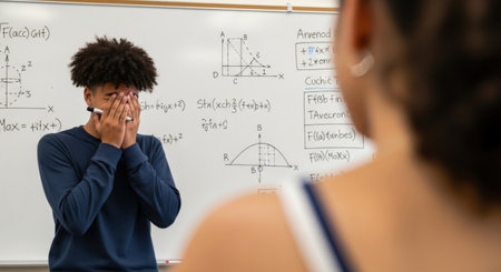 A student covers his face in frustration before a whiteboard filled with complex math equations, graphs, and formulas in a classroom setting, expressing academic stress.の素材