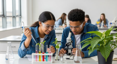 Two high school students, wearing safety goggles, conduct a plant science experiment using a microscope, test tubes, and plant samples in a bright laboratory setting.の素材