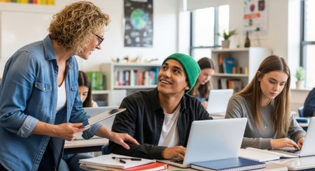 A teacher helps a student with a green beanie in a classroom. Other students are working on laptops. The teacher is holding a tablet.の素材