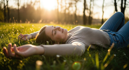 A young woman lies peacefully in a grassy meadow, bathed in the warm glow of golden hour sunlight, eyes closed, exuding serenity and relaxation in a natural setting.の素材