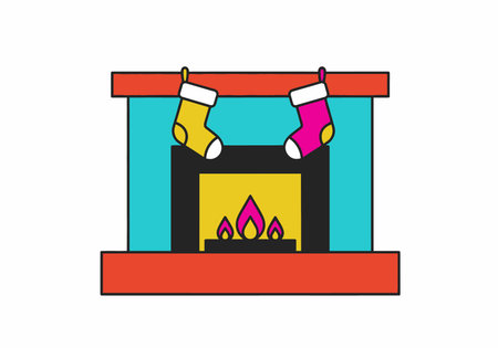 Cartoon illustration of a fireplace with a yellow and pink Christmas stocking hanging above a yellow fire.のイラスト素材