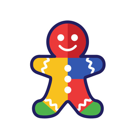 A flat, colorful gingerbread man icon with a red head, yellow and blue arms, a red body, and green feet, outlined in dark blue.のイラスト素材