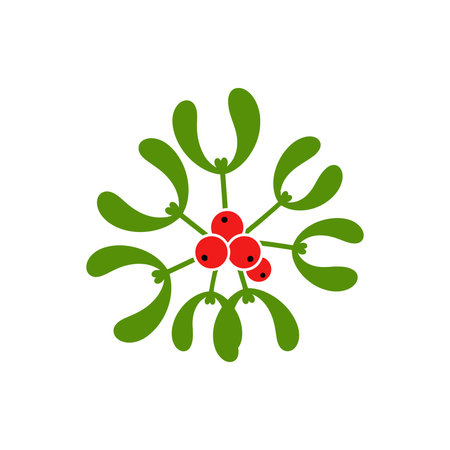 A stylized mistletoe illustration featuring bright red berries clustered at the center, surrounded by symmetrical green leaves.のイラスト素材