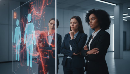 Three diverse businesswomen in suits intently analyze data on a transparent screen, displaying human figures and circuit patterns, in a modern, minimalist office setting.の素材
