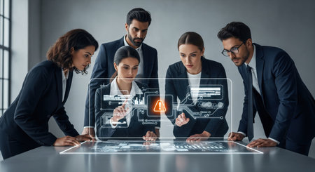 A diverse group of business professionals collaborates, analyzing holographic data with an alert symbol, in a modern office setting, showcasing teamwork and advanced technology.の素材