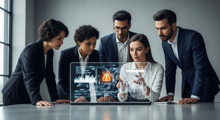 Five diverse professionals intently examine a transparent display showing a warning sign, graphs, and circuit diagrams, indicating a potential system error or security breach.の素材
