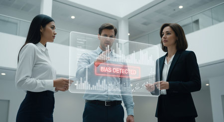 Three business professionals analyze data on a transparent screen, with a "Bias Detected" message highlighted. They are in a modern, bright office space, focused on the data analysis.の素材