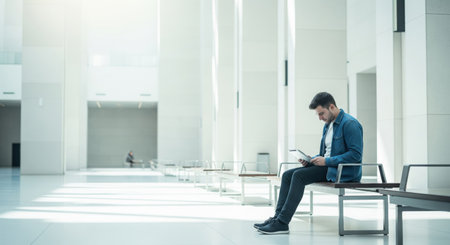 A man sits on a bench in a bright, modern lobby, absorbed in his tablet. The space is minimalist, with white walls and pillars, creating a sense of calm.の素材