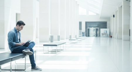 A man sits on a bench in a bright, modern hallway, using a tablet. The space features minimalist benches, white columns, and abundant natural light.の素材