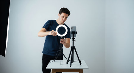 A young man in a blue shirt adjusts a ring light mounted on a tripod with a smartphone attached, preparing for video recording in a bright, minimalist studio setting.の素材
