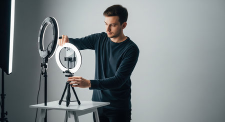 A young man adjusts his smartphone in a ring light mounted on a tripod, preparing for content creation in a studio setting with soft, diffused lighting.の素材