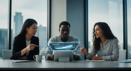 Three diverse professionals collaborate, analyzing a holographic data display on a laptop in a bright, modern office setting, discussing business strategy and growth.の素材