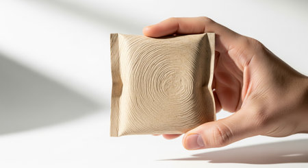 A hand holds a small, square paper pouch with a unique concentric circle texture. The pouch is light brown and stands out against the clean white background.の素材