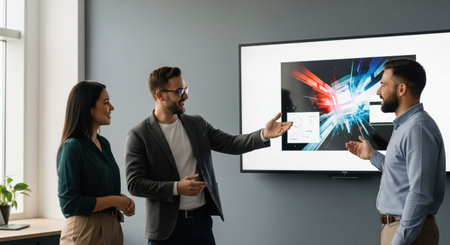 Three colleagues engage in a business presentation, discussing abstract visuals displayed on a large screen, fostering collaboration and innovation in a modern office setting.の素材