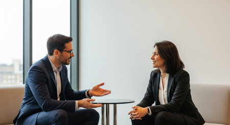 Two business professionals, a man and a woman, engage in a conversation in a bright, modern office space, with the man gesturing expressively and the woman listening attentively.の素材