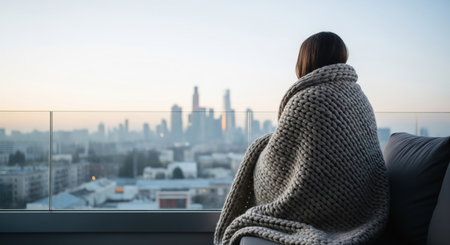 A woman wrapped in a chunky knit blanket sits on a balcony, gazing at a hazy cityscape. The soft light and muted colors create a serene, contemplative mood.の素材