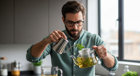 Man with glasses carefully pours hot water from a stainless steel kettle into a glass teapot filled with fresh green herbs, preparing a soothing herbal tea.の素材