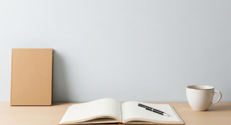 Clean, minimalist workspace featuring an open notebook with a pen, a coffee cup, and a brown book on a wooden desk against a light gray wall.の素材