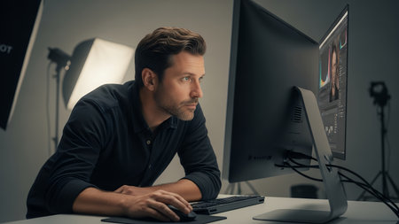 Serious man working on computer while sitting at table in dark roomの素材
