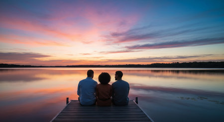 Young couple sitting on a jetty and looking at the sunset.の素材