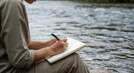 Young woman writing in notebook while sitting by the river, closeupの素材