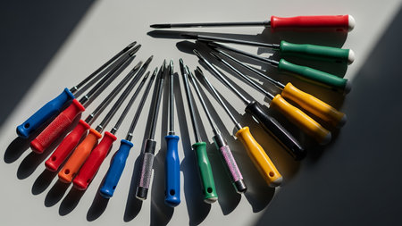 Various colorful screwdrivers are neatly arranged in a semi circle on a light surface, casting sharp shadows from directional lightingの素材