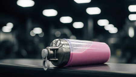 Hydrating fitness shaker bottle filled with a refreshing pink protein drink, placed on a gym bench amidst a blurred gym backgroundの素材