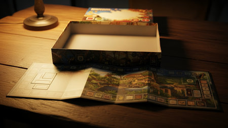 Board game box and its richly illustrated board unfold on a rustic wooden table, bathed in warm, inviting lightの素材