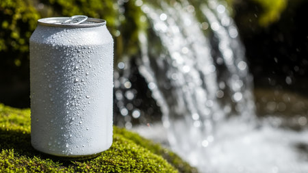 Chilled silver beverage can covered in water droplets sits on vibrant green moss, with a blurred natural waterfall in the background, conveying freshnessの素材