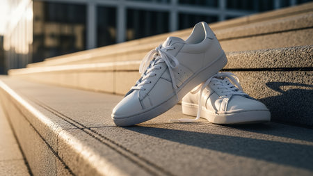 Pair of white sneakers on the steps of a modern building.の素材
