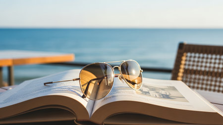 Sunglasses on open book on the beach with sea view backgroundの素材