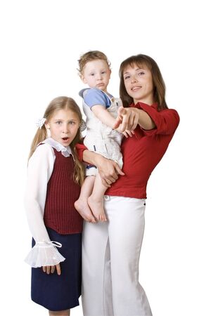 Mother with children on the white backgroundの写真素材
