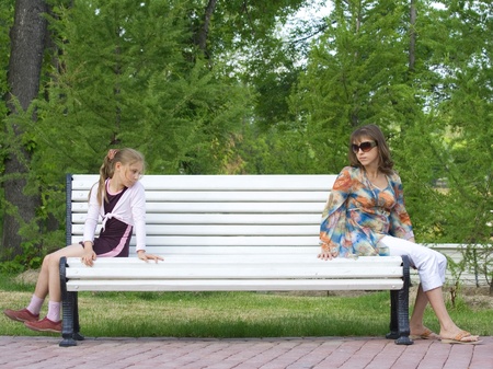 mother and daughter on the benchの写真素材