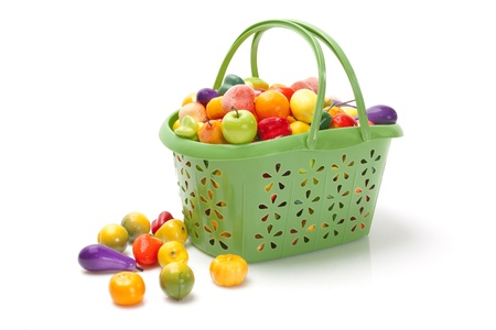 Shopping basket from the supermarket filled with fresh fruitの写真素材