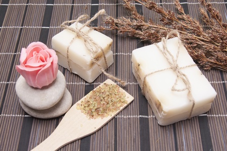 Handmade Soap with natural ingredients over wooden backgroundの写真素材