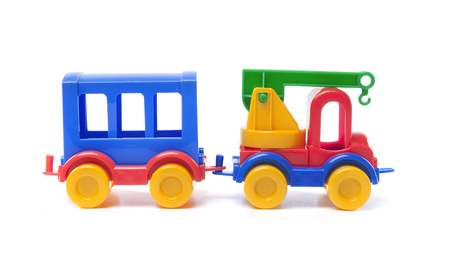 toy truck with trailer on white backgroundの写真素材