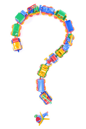 question of toy train trucks on white backgroundの写真素材
