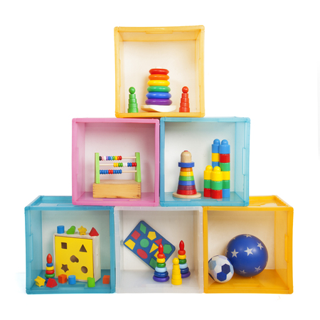 boxes with toys on the whiteの写真素材