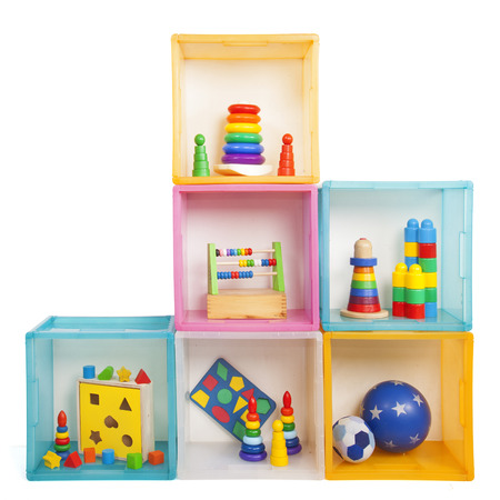 boxes with toys on the whiteの写真素材
