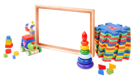 frame and many toys on the white backgroundの写真素材