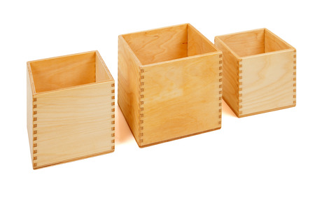 Wooden open boxes on the white backgroundの写真素材